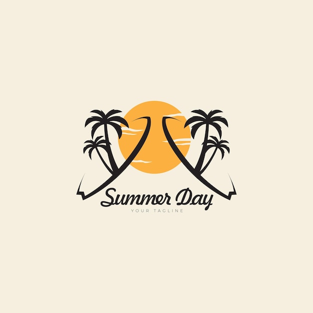 Summer logo with surfboard and coconut tree design Vector illustration