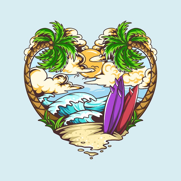 summer love heart shape design contains beach coconut trees and surf boards