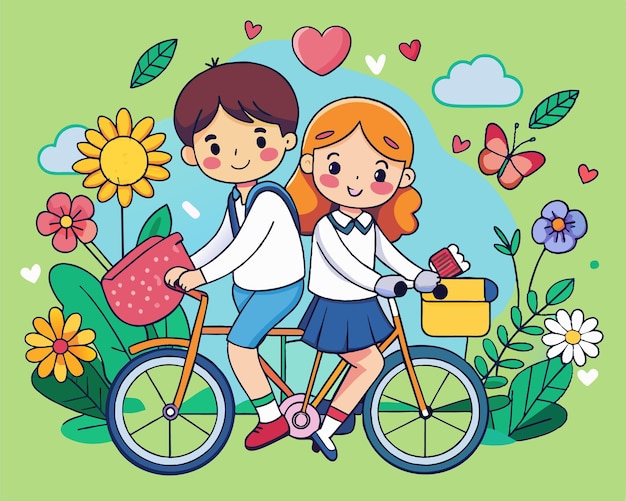 Summer Love on Wheels A Boy and Girl Embrace Amidst a Flowering Garden for World Bicycle Day Vector