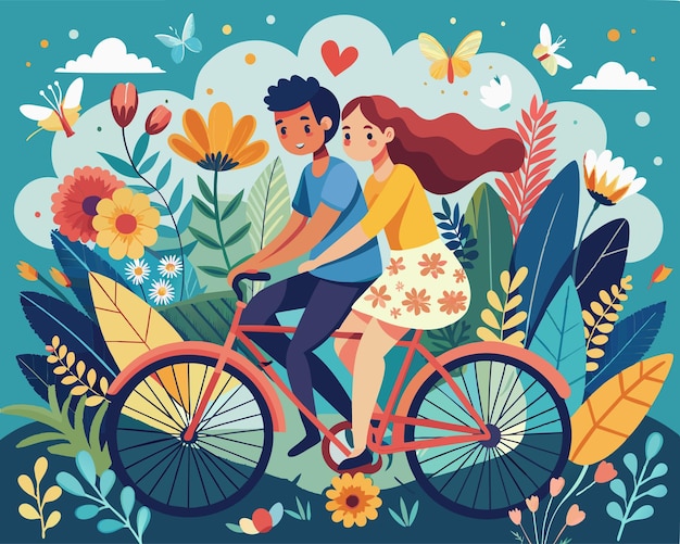 Summer Love on Wheels A Boy and Girl Embrace Amidst a Flowering Garden for World Bicycle Day Vector