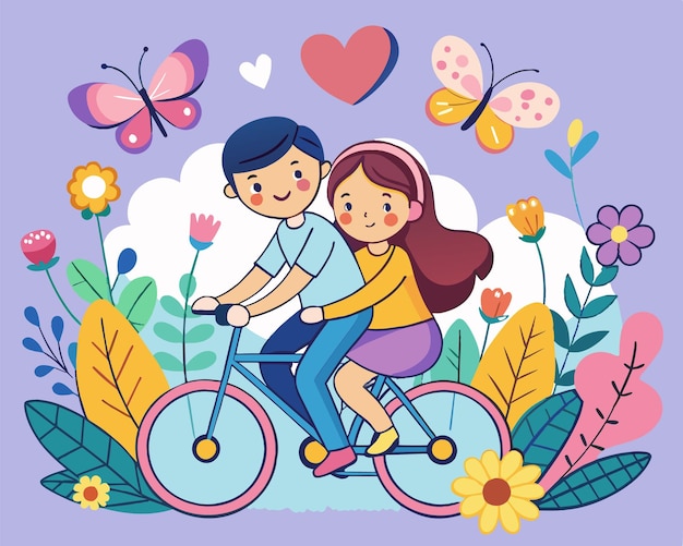 Summer Love on Wheels A Boy and Girl Embrace Amidst a Flowering Garden for World Bicycle Day Vector