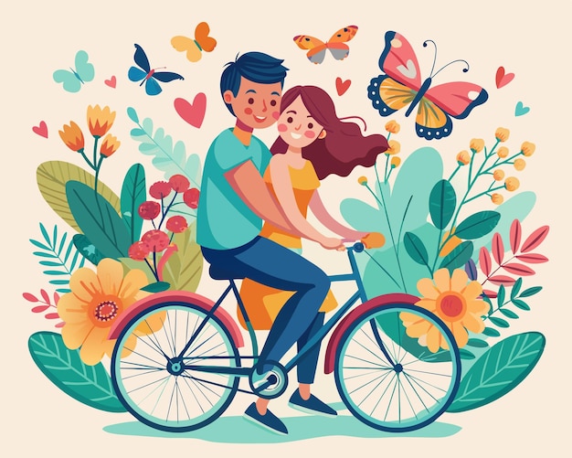 Summer Love on Wheels A Boy and Girl Embrace Amidst a Flowering Garden for World Bicycle Day Vector