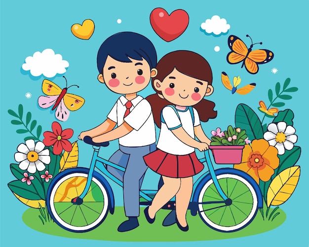 Summer Love on Wheels A Boy and Girl Embrace Amidst a Flowering Garden for World Bicycle Day Vector