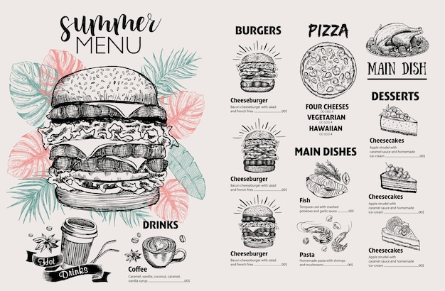 Summer menu Restaurant food menu design hand drawn illustrations Vector food flyer