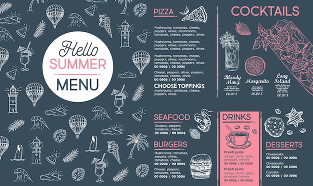 Summer menu template design Food flyer Handdrawn style Vector illustration