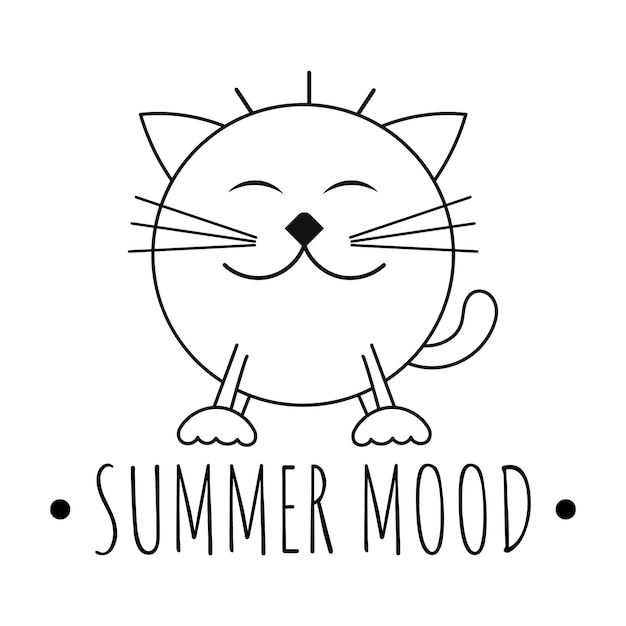 Summer Mood Vector Illustration of Cute Cartoon Cat on Isolated Background