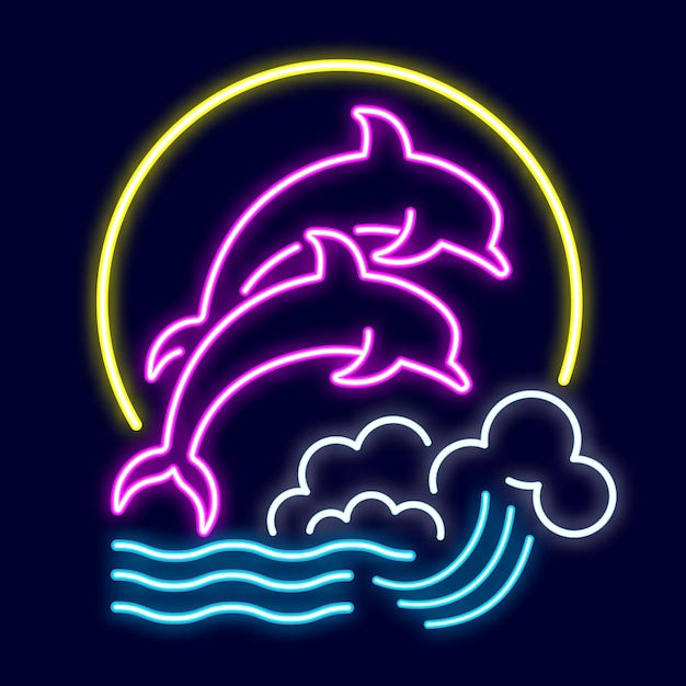 Summer neon sign with bright illumination Summer holidays signboard bright neon logo emblem light banner Journey trip travel Dolphins floating on waves on background sun Vector illustration