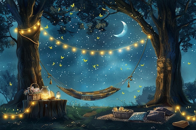 Vector summer night dream with dancing fireflies