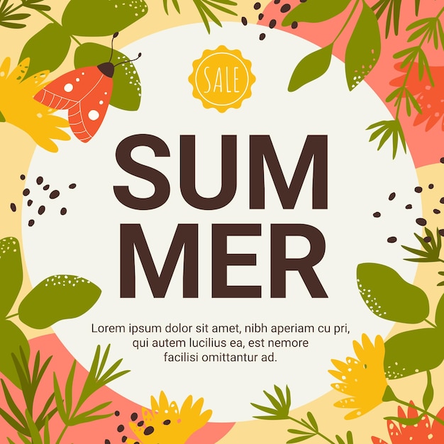 Summer offer sale banner set flowers butterflies and floral leaves in round promo template