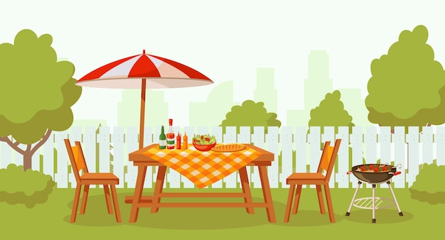 Summer outdoor backyard barbecue party with furniture umbrella food on grill Illustration of barbecue furniture bbq summer garden