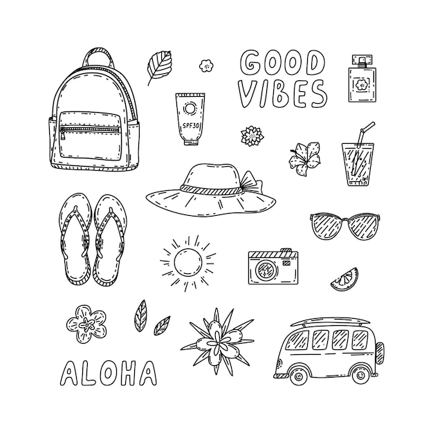 Summer outline beach elements hand drawn in sketch style Vector illustration