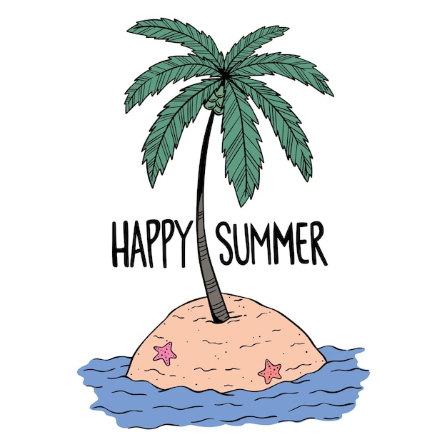 Vector summer palm tree on a small island with colored hand drawn style coconut tree vector illustration