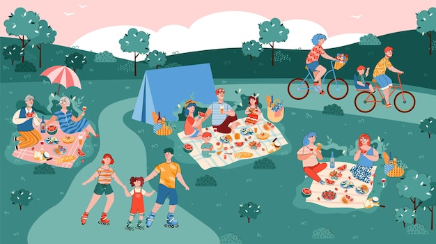 Summer park with people resting on a picnic flat cartoon vector illustration