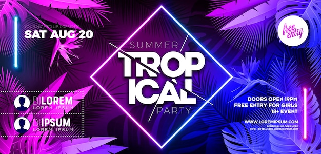 Vector summer party banner design template with glowing neon light on fluorescent tropic leaves background