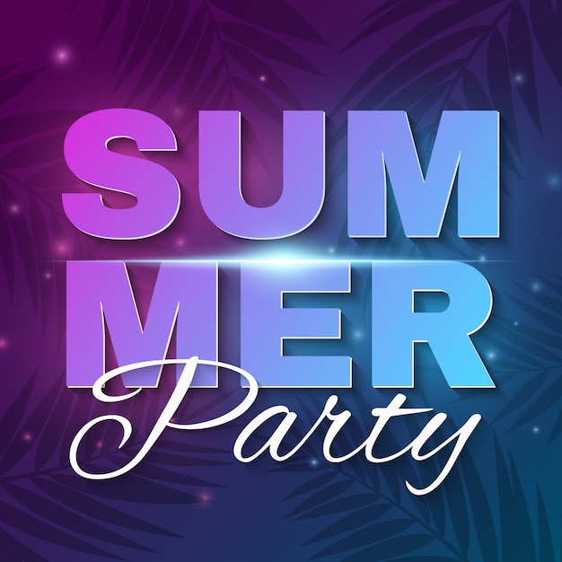 Summer Party banner. Glowing neon text banner with flying luminous lights. Dark blue purple background with palm trees. Dance night party.