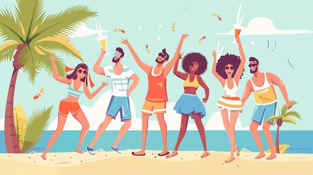 Vector summer party concept with happy smiling men and women