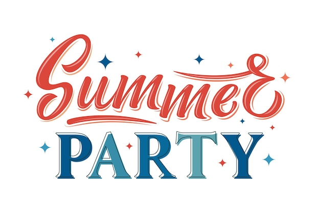 Summer party Coral and blue hand drawn lettering phrase with stars isolated on white background Design element for poster banner flyer postcard Vector illustration