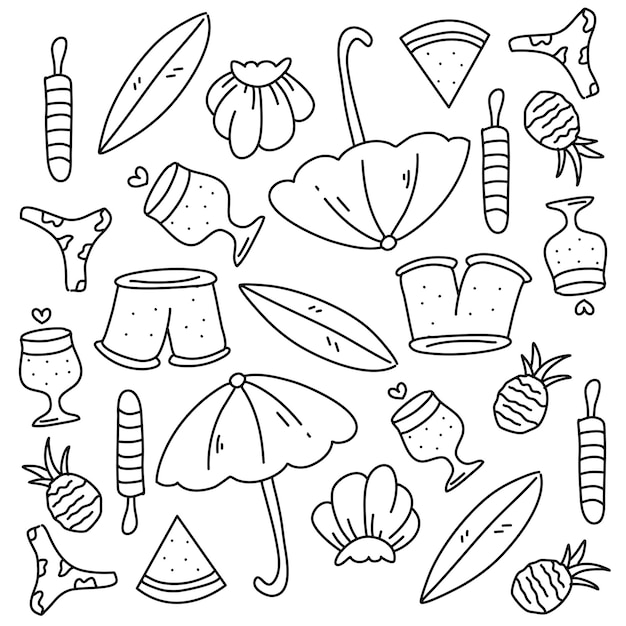 summer party doodle set vector with line style