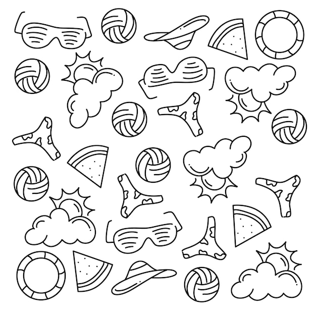 summer party doodle set vector with line style