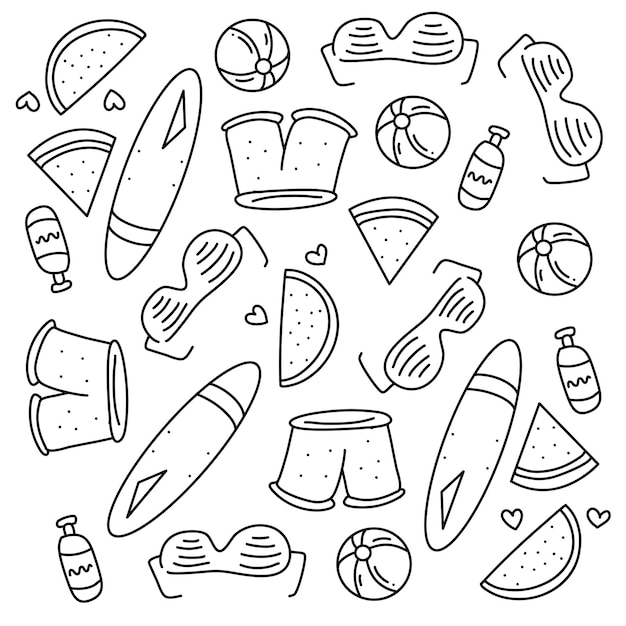 summer party doodle set vector with line style