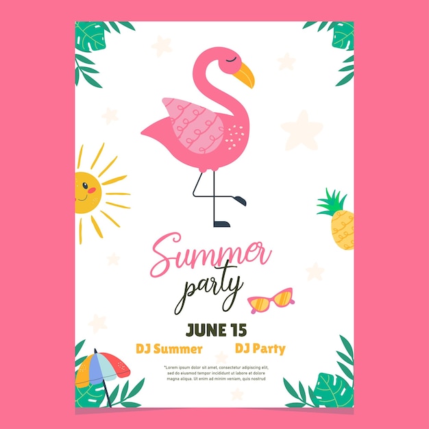 Vector summer party invitation flamingo character hand drawn