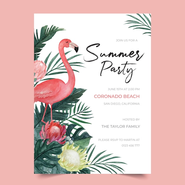 Vector summer party invitation template with flamingo and tropical floral illustration