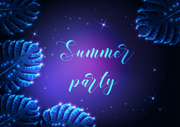 Summer party lettering with glowing low polygonal monstera tropical leaves background