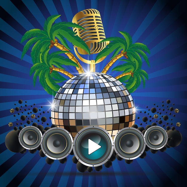 Summer party music background with disco ball speaker palm tree vector illustration