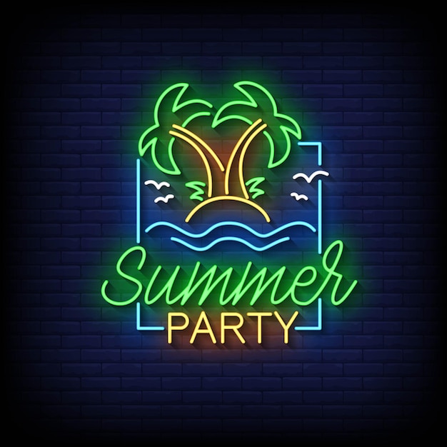 Summer Party Neon Sign On Brick Wall Background Vector