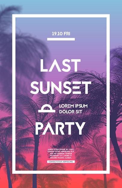 Summer party poster design template with palm trees silhouettes. Modern style. Vector illustration