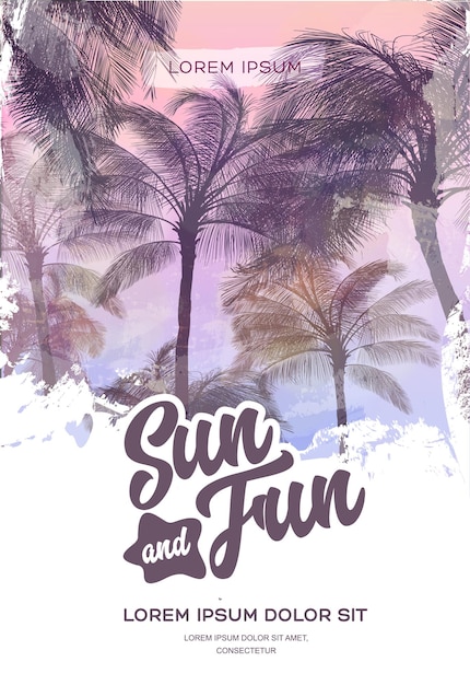 Summer party poster or flyer design template with palm trees silhouettes.