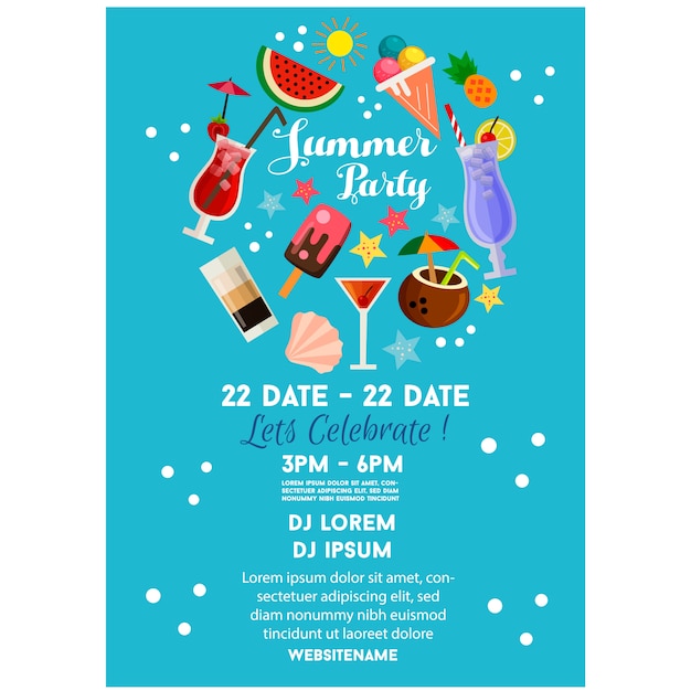 Summer party poster or flyer template blue flat style cocktail drink