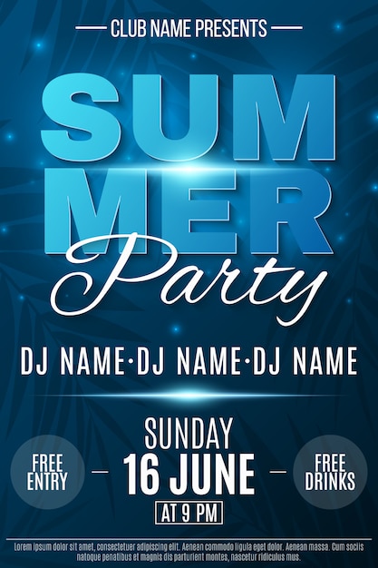 Summer Party poster. Glowing neon text banner with flying luminous lights. Dark blue background with palm trees. Dance night party.