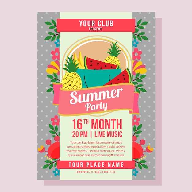 Vector summer party poster template holiday with flat style tropical fruit vector illustration