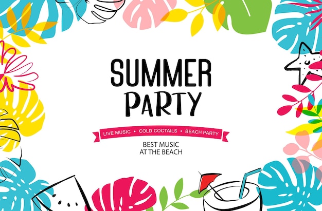 Summer party poster with plants and leaf decoration background