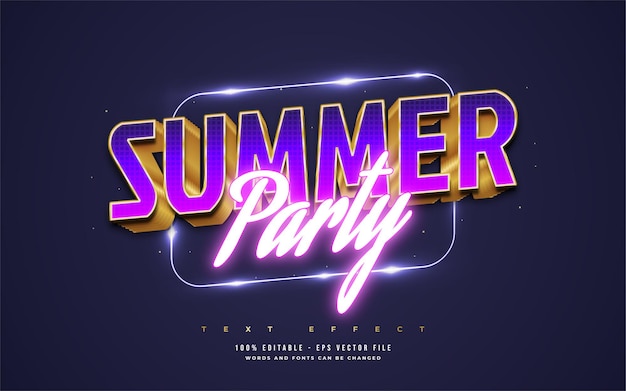 Summer Party Text in Colorful Retro Style with Glowing Neon Style. Editable Text Style Effect