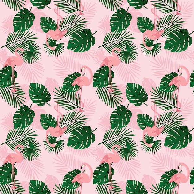 Summer pattern background with pink Flamingo birds and leaves