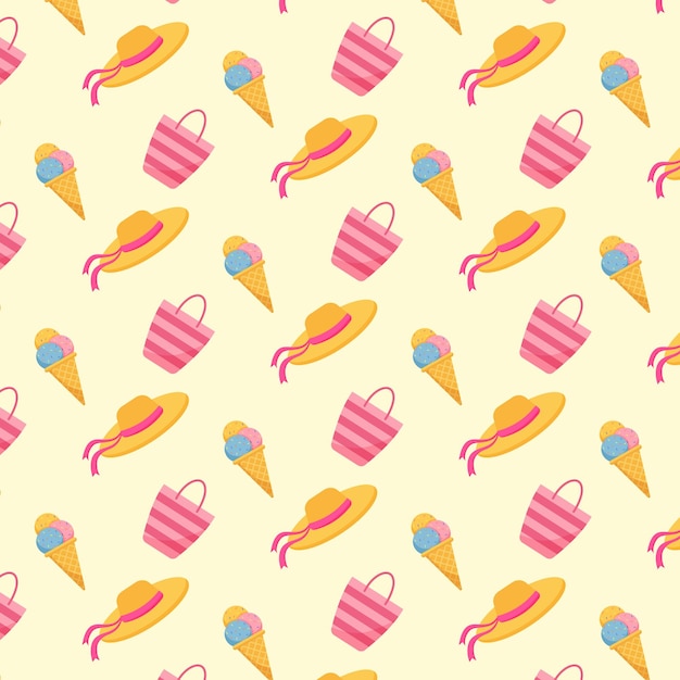 Summer pattern Cute beach bag capes and ice cream Vector illustration