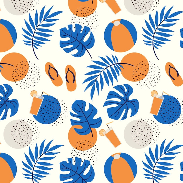 Summer pattern template with tropical leaves and beach ball