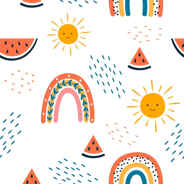 Summer pattern Vector seamless pattern with summer symbols such as rainbow sun watermelon