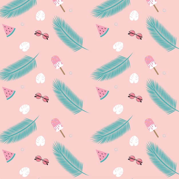 Summer pattern with watermelon ice cream and glasses