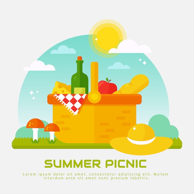 Summer picnic in nature. Illustration with flat basket.