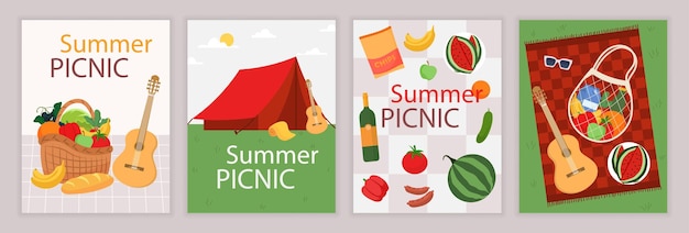 Vector summer picnic poster set banners with fruits tent blanket and food active recreation or relaxation