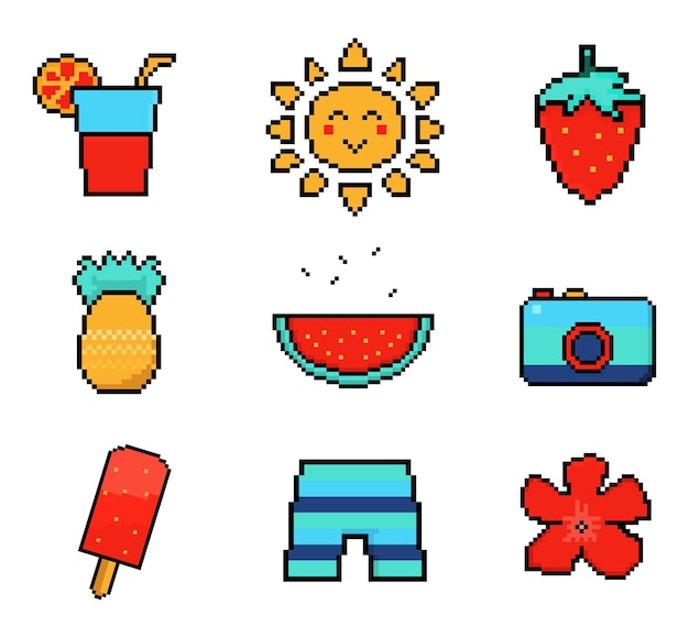 Summer pixel ser of nine icons