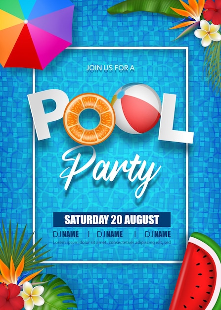 Summer pool party poster with inflatables tropical leaves and beach umbrella on water background