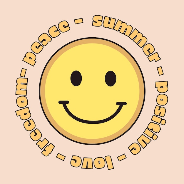 Summer positive freedom love peace Retro Smiley Face Print Illustration with Clockwork Keep