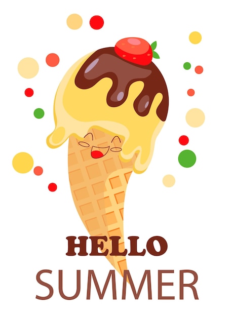 Summer postcard with cheerful ice cream in a waffle cone with shakolad glaze and strawberries in jewelry Hello summer Design for content