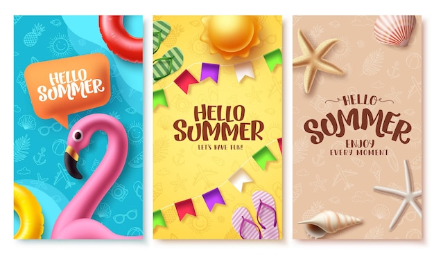 Summer poster vector set design Summer greeting collection in pattern space background