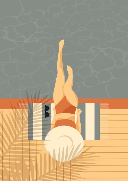 Vector summer poster with girl in beach hat relaxing by the pool flat design in retro style vector