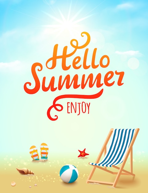 Summer poster with Hello Summer inscription on beach background with design elements.  illustration